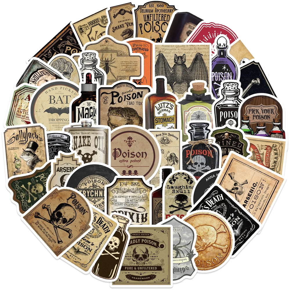 50pcs Retro Thriller Potion Stickers For Phone Case Helmet Scrapbook Skateboard Art Aesthetic Trendy Waterproof Sticker Decals (ONLINE ORDER ONLY)