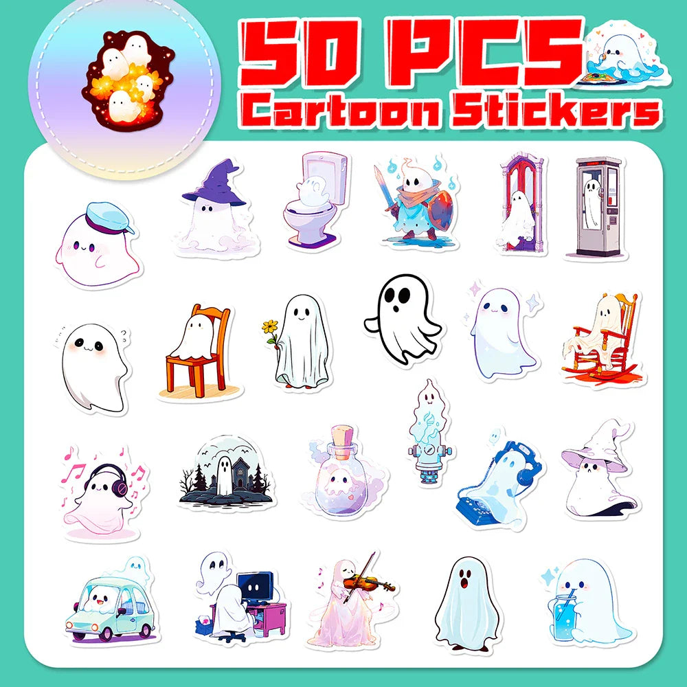 10/30/50PCS Cute Halloween Ghost Stickers Funny Cartoon Sticker For Kids DIY Notebook Fridge Phone Luggage Laptop Bike Decal Toy (ONLINE ORDER ONLY)