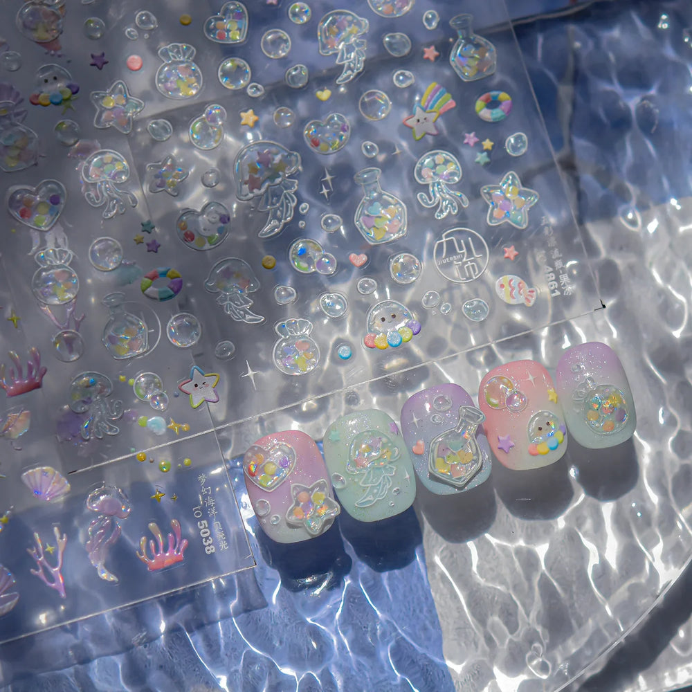 Infauna Jellyfish Conch Shell Starfish Octopus Coral Polypite Wishing Bottle Sea Self Adhesive Nail Art Stickers Manicure Decals (ONLINE ORDER ONLY)