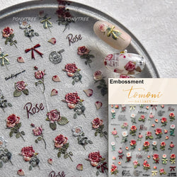 Watercolor Style Rose Flower Colored Rosa Chinensis 3D 5D Flat Reliefs Charming Self Adhesive Nail Art Stickers Manicure Decals (ONLINE ORDER ONLY)