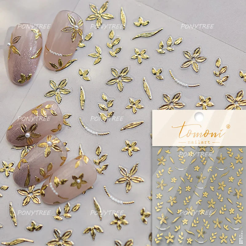 Gold Hot Stamping Flowers Leaves 3D 5D Pearl Bead Delicate Self Adhesive Nail Art Decorations Stickers Manicure Decals Wholesale (Online Order Only)