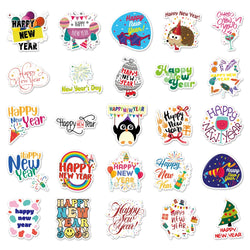 50PCS Cute Happy New Year Stickers DIY Scrapbook Diary Stationery Luggage Decorative Cartoon Sticker Kids Toys (Online Order Only)