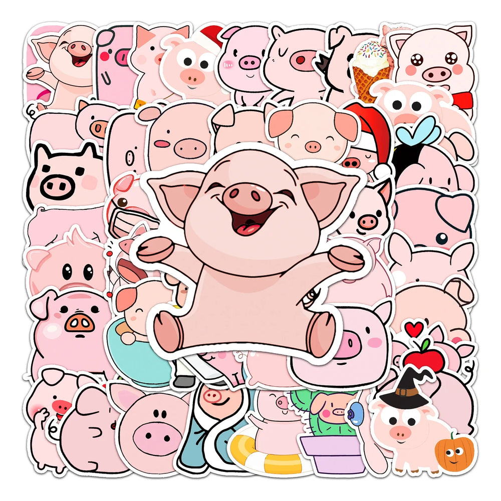 50Pcs Cute Pig Cartoon Waterproof Vinyl Stickers for Skateboard Snowboard (Online Order Only)