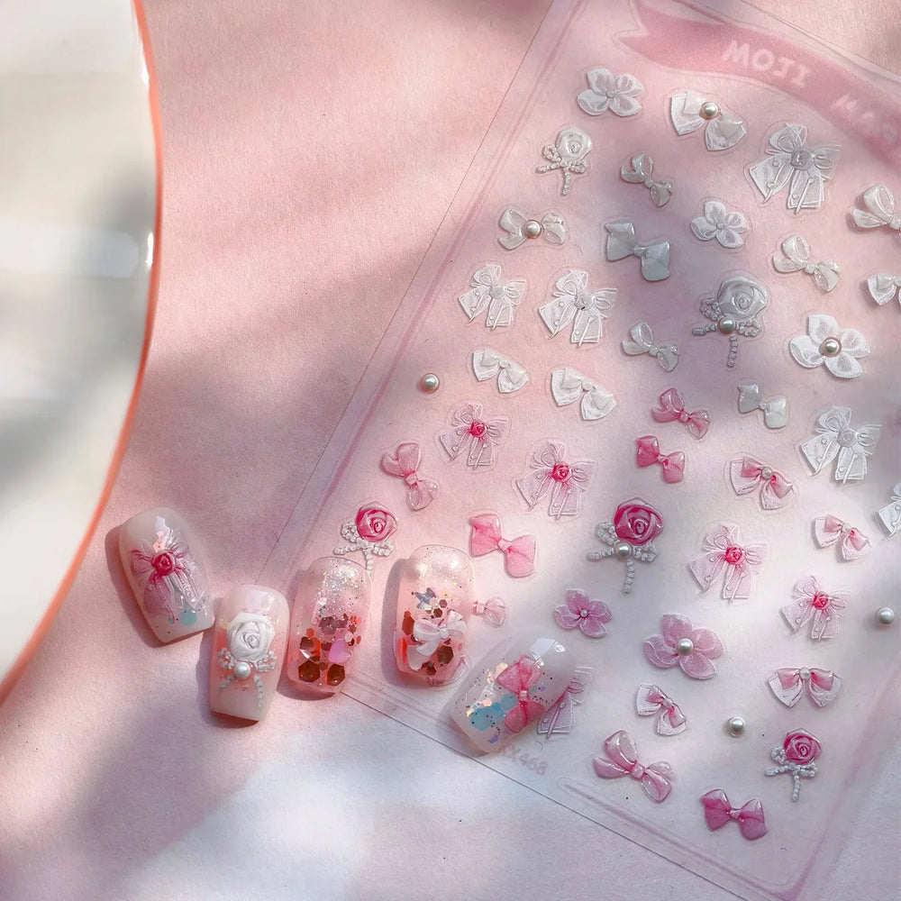Chic Pink White Rose Flower Lace Bowknot Ribbon Jelly 5D Pearl Romantic Charming Self Adhesive Nail Art Sticker Manicure Decals (ONLINE ORDER ONLY)