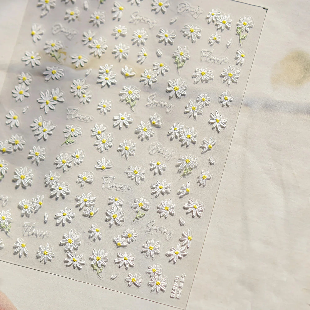 Cute Beige Yellow Pristine Fresh Daisy Flower 5D Shiny Soft Embossed Relief Charm Self Adhesive Nail Art Stickers Manicure Decal (ONLINE ORDER ONLY)