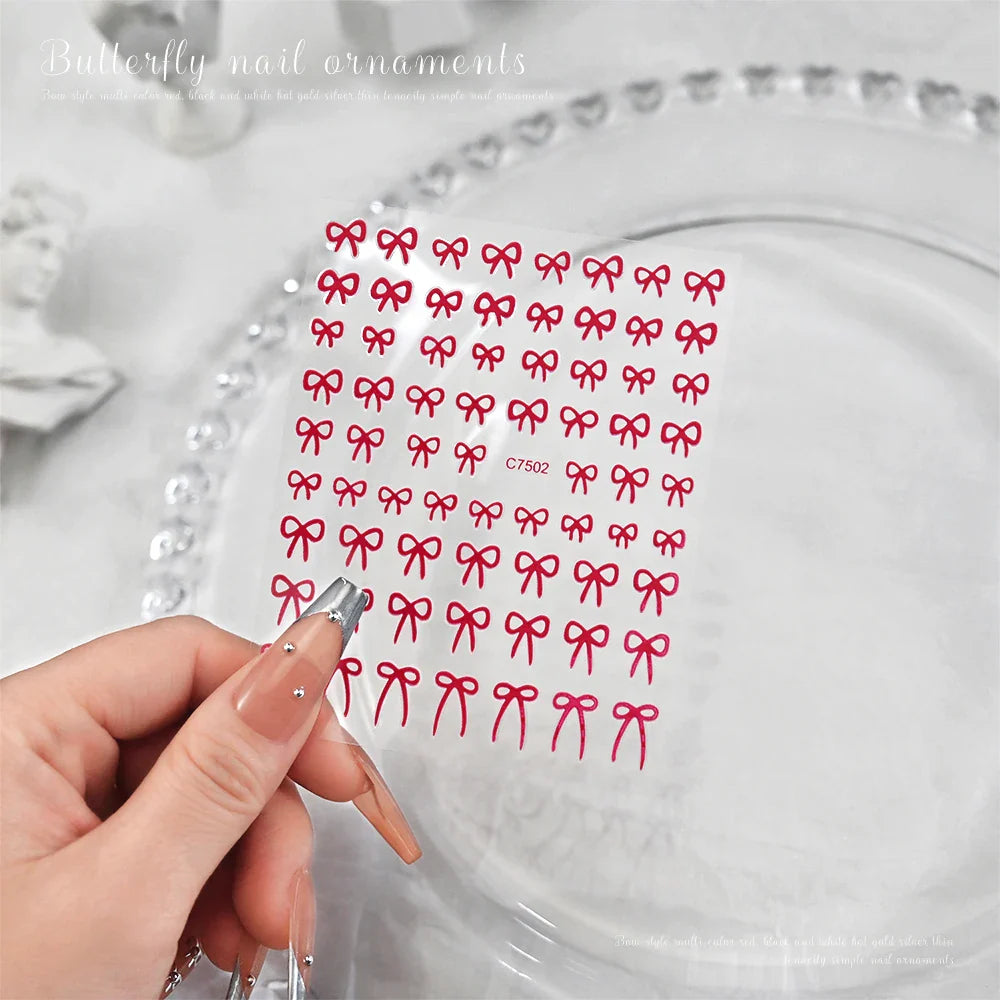 6pcs/Set Lovely Line Bowknot Nail Sticker Gold Silver Black White Pink Red Bow Tie Mini Bowknot 3D Self Adhesive Manicure Decals (ONLINE ORDER ONLY)