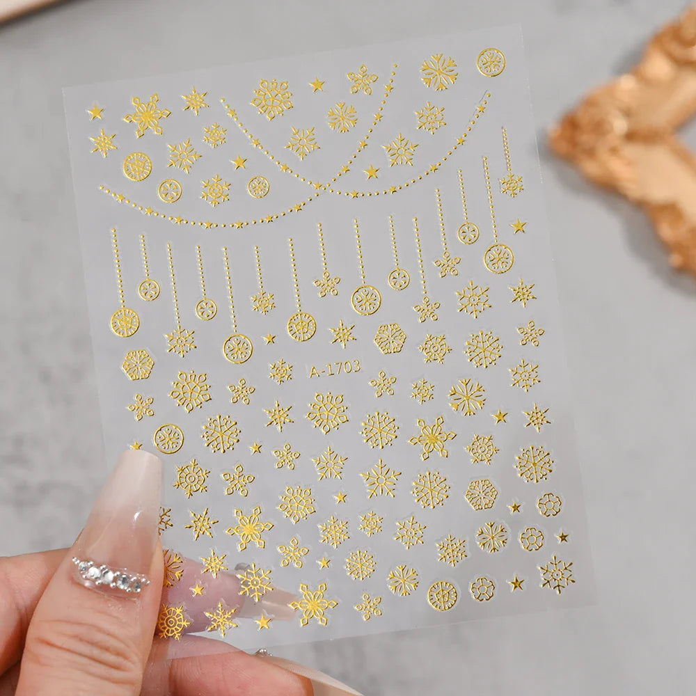 3D Gold Glitter Snowflake Nail Sticker Winter Reflective Elk Star Balloon Christmas Tree Foil Xmas New Year Decal Tips Decoratio (ONLINE ORDER ONLY)