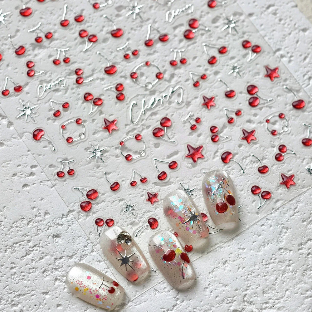 Lovely Mini Red Cherry Jelly Star Sun Fruit Charming Silver 3D 5D Self Adhesive Nail Art Stickers Cute Manicure Decals Wholesale (ONLINE ORDER ONLY)