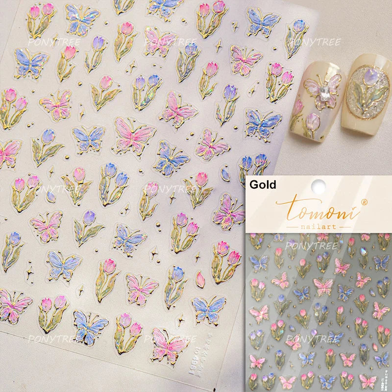 Cute  Pink Blue Nature Tulip Star Heart Butterfly Peach Blossom Jelly Embossed Relief Adhesive Nail Art Stickers Manicure Decals (ONLINE ORDER ONLY)