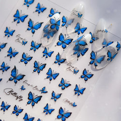 Charming Delicate Sapphire Color Blue Black Stroke Butterfly Jelly Relief Rhinestone Adhesive Nail Art Stickers Manicure Decals (Online Order Only)