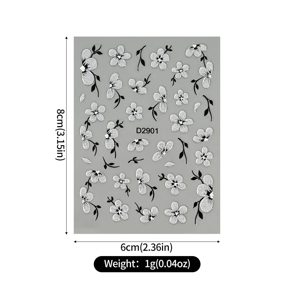 10pcs/Set Sparkling Silvery Floral Nail Art Stickers Self-Adhesive Glittery 5D Hibiscus & Cherry Blossom Decals for Manicure DIY (Online Order Only)