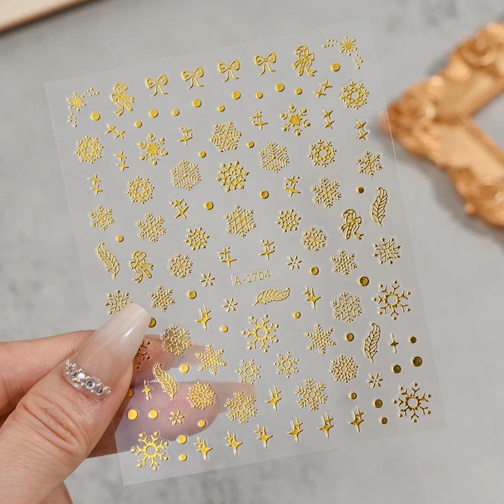 3D Gold Glitter Snowflake Nail Sticker Winter Reflective Elk Star Balloon Christmas Tree Foil Xmas New Year Decal Tips Decoratio (ONLINE ORDER ONLY)