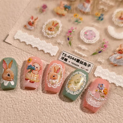 Rabbit Bunny Bear Flower Lace Bowknot Retro Frame Rose Self Adhesive Nail Art Decoration Stickers Chic Manicure Decals Wholesale (ONLINE ORDER ONLY)