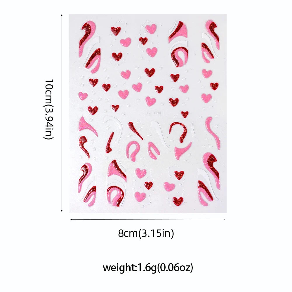 1Pc Red Pink White Heart Bow Nail Art Stickers with Glitter Sequins 5D Self Adhesive Nail Decorations Slider Decals DIY Manicure (ONLINE ORDER ONLY)