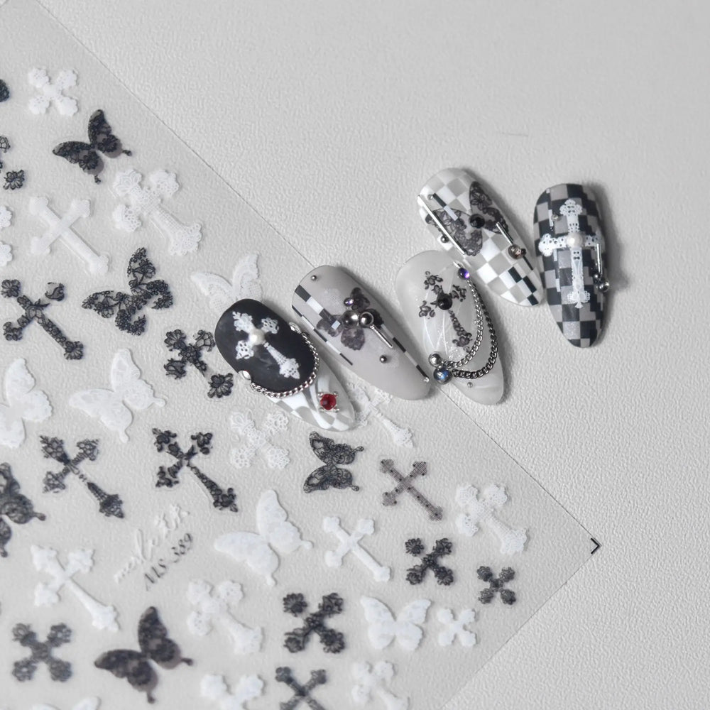 Black White Pearl Lace Butterfly Cross Retro Figure Flower Symmetric Self Adhesive Nail Art Stickers  Manicure Decals Wholesale (ONLINE ORDER ONLY)