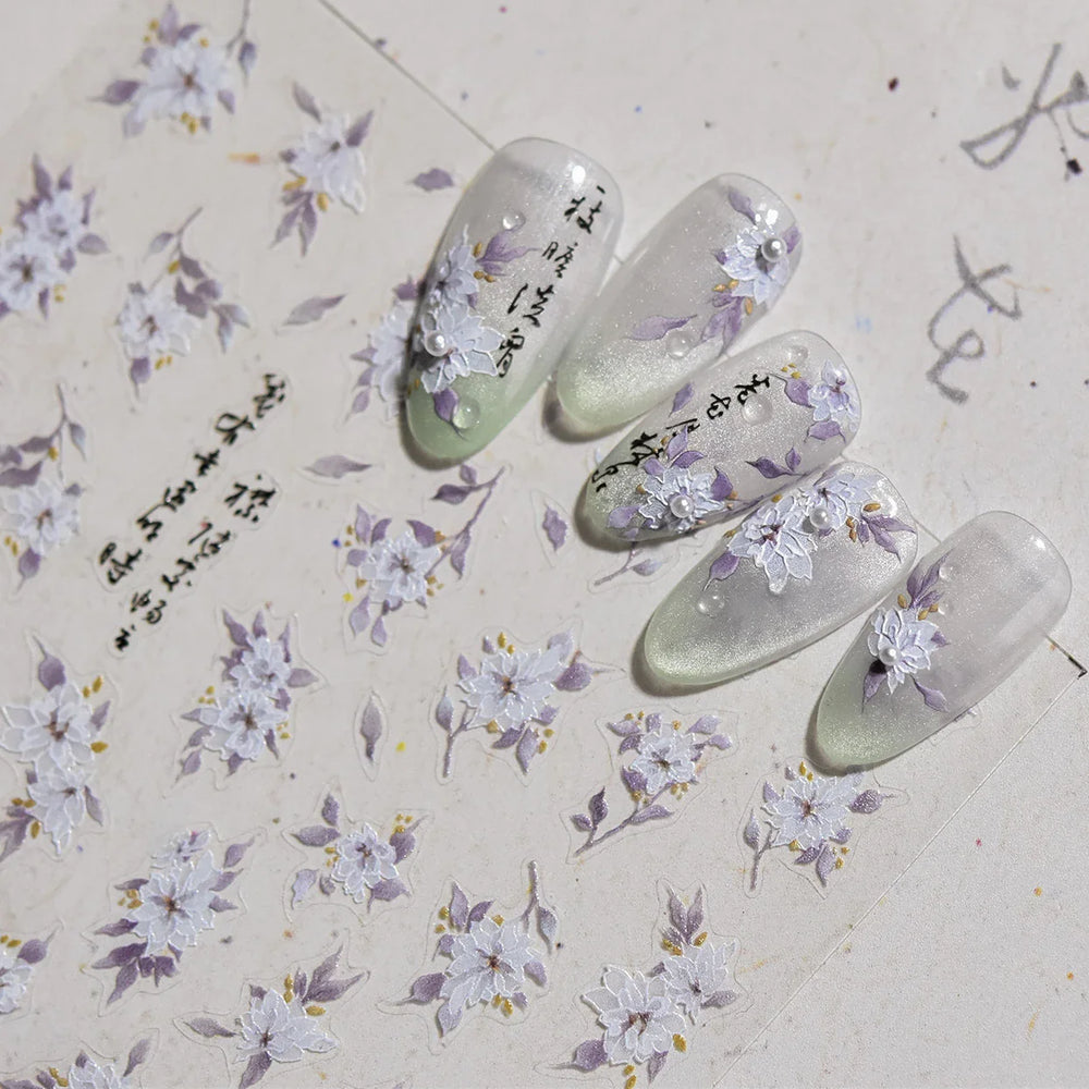 Trumpet Creeper White Flower Purple Leaves Antique Special Characters 5D Soft Relief Adhesive Nail Art Stickers Manicure Decals (ONLINE ORDER ONLY)