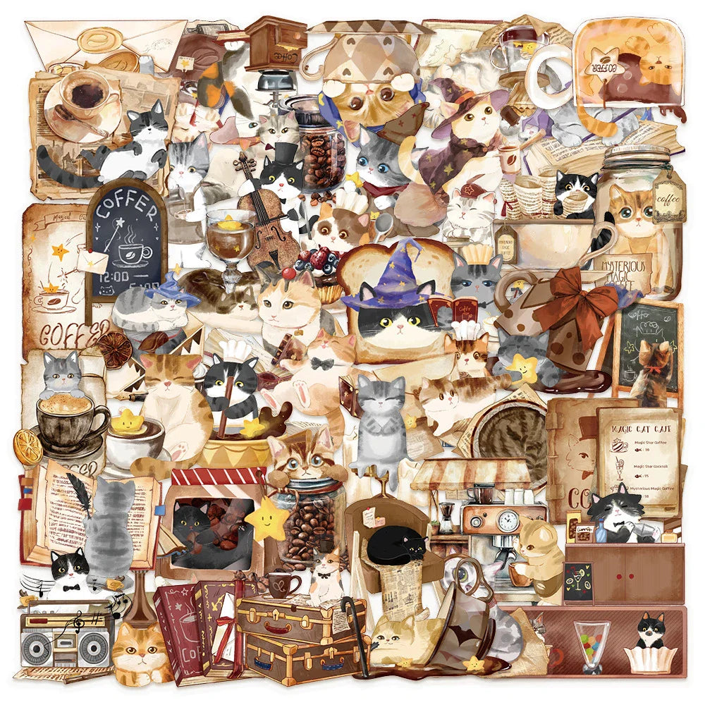 Funny Cat Coffee Shop Stickers - Waterproof Decals for Laptop, Phone, Luggage, DIY Notebook (10/30/50pcs) (ONLINE ORDER ONLY)