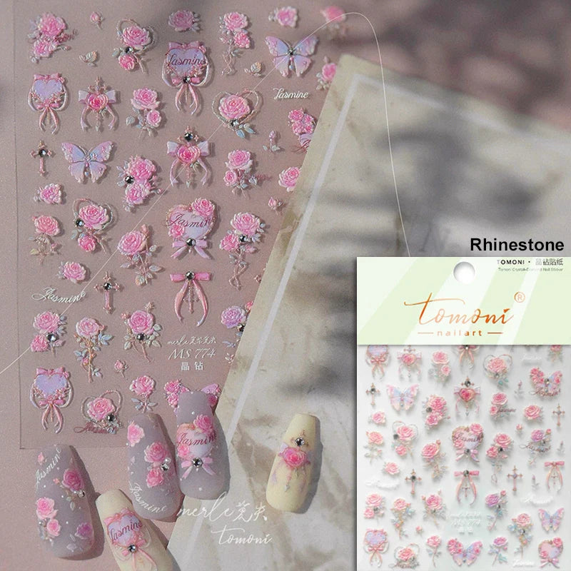 Watercolor Style Rose Flower Colored Rosa Chinensis 3D 5D Flat Reliefs Charming Self Adhesive Nail Art Stickers Manicure Decals (ONLINE ORDER ONLY)