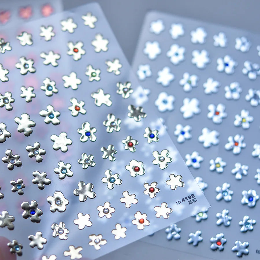 Hot Stamping Laser Silver Pink White Flower Rhinestone Pearl Irregular Petal Adhesive Nail Art Decoration Sticker Manicure Decal (ONLINE ORDER ONLY)