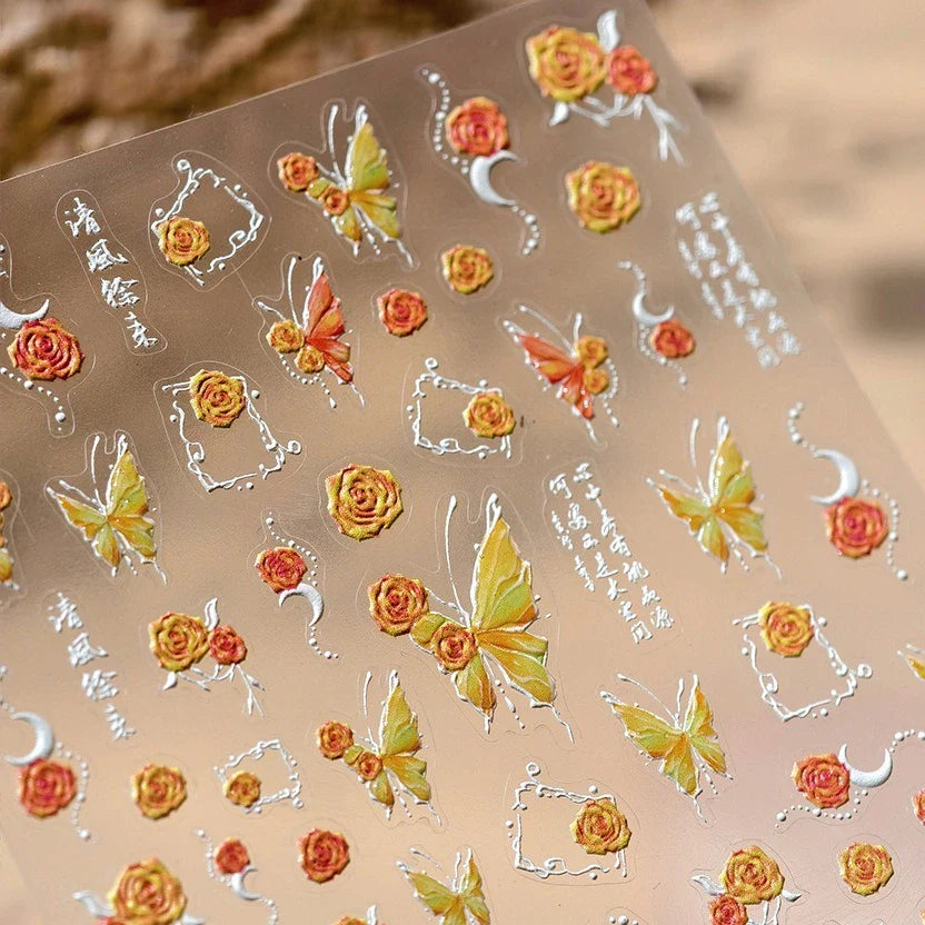 Gradual Asymmetric Butterfly Rose Flower Moon Ancient Poem 5D Reliefs Self Adhesive Nail Stickers JellyManicure Decals Wholesale (Online Order Only)