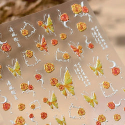 Gradual Asymmetric Butterfly Rose Flower Moon Ancient Poem 5D Reliefs Self Adhesive Nail Stickers JellyManicure Decals Wholesale (Online Order Only)