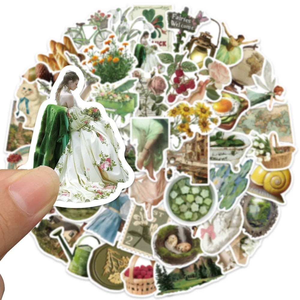 50pcs Ins Style Retro Pastoral Aesthetic Green Art Stickers For Luggage Laptop Guitar Phone Waterproof Vinyl Bicycle Decals (Online Order Only)