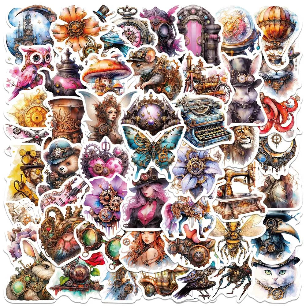 50pcs Waterproof Steampunk Watercolor Stickers for Laptop, Phone, Notebook, Bottle (Online Order Only)