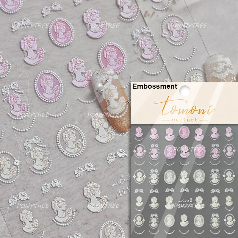 French Romantic Lace Flower Fabric Art Pearl Pendant Portrait Bowknot Textile Printing Delicate Nail Art Stickers Manicure Decal (ONLINE ORDER ONLY)