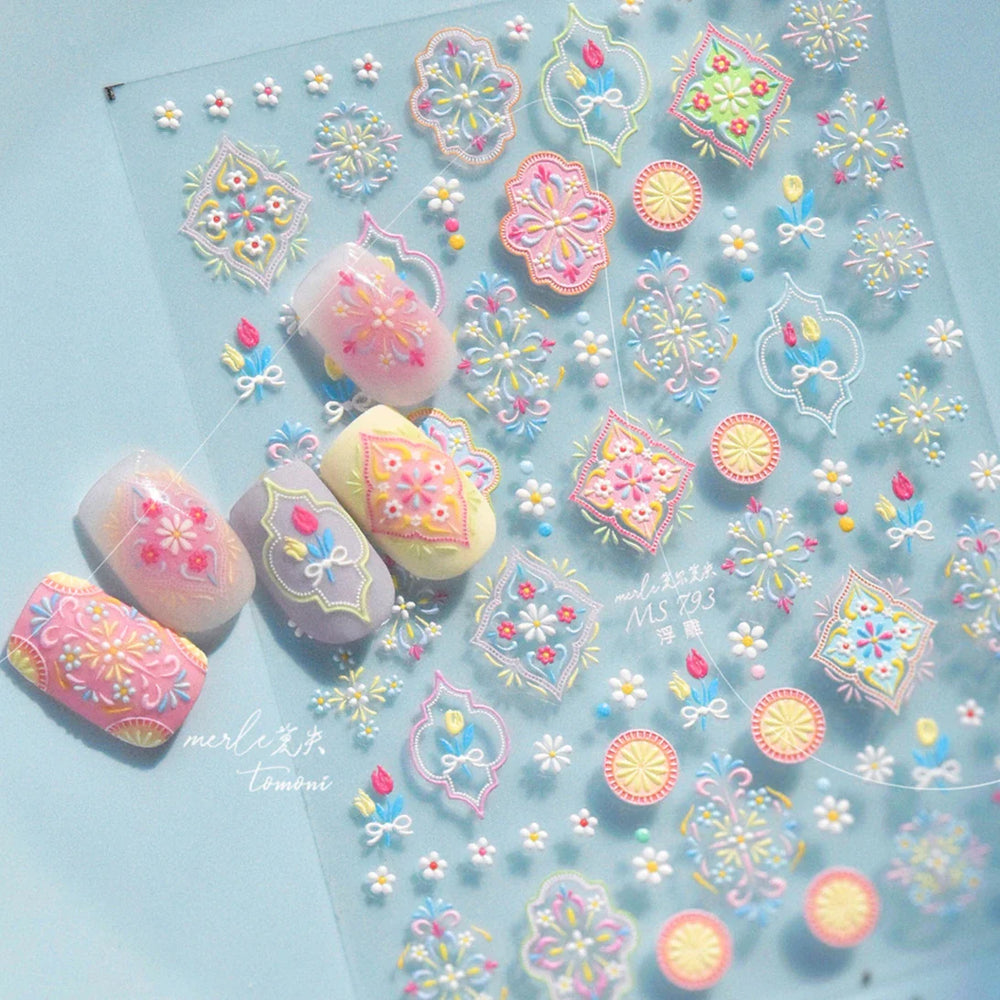 Chic Lavender Tulip Flower Bowknot Totem Center Symmetric Pattern Daisy Line Gird Self Adhesive Nail Art Stickers Manicure Decal (ONLINE ORDER ONLY)