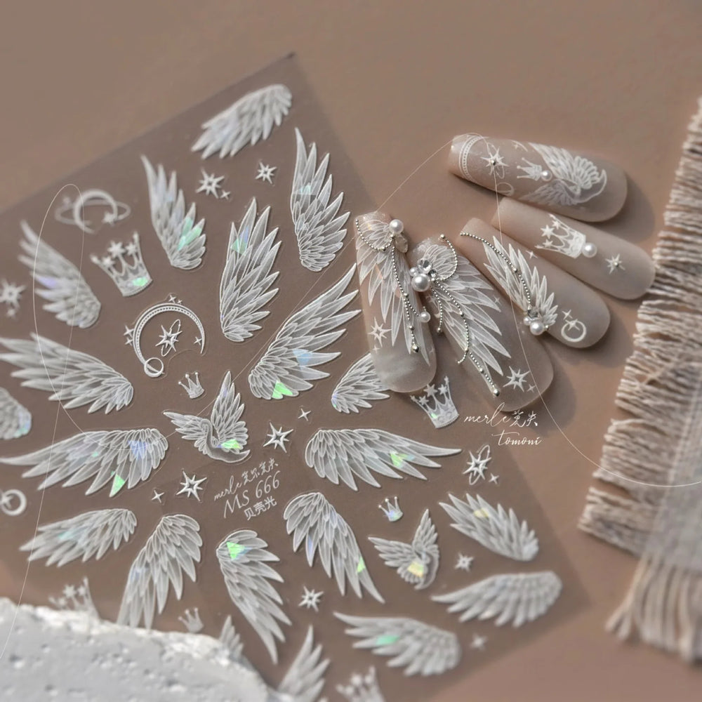 Charming White Shiny Pearl Rhinestone Wings Feathers Crown Moon Stars 3D Self Adhesive Nail Art Sticker Manicure Decal Wholesale (ONLINE ORDER ONLY)