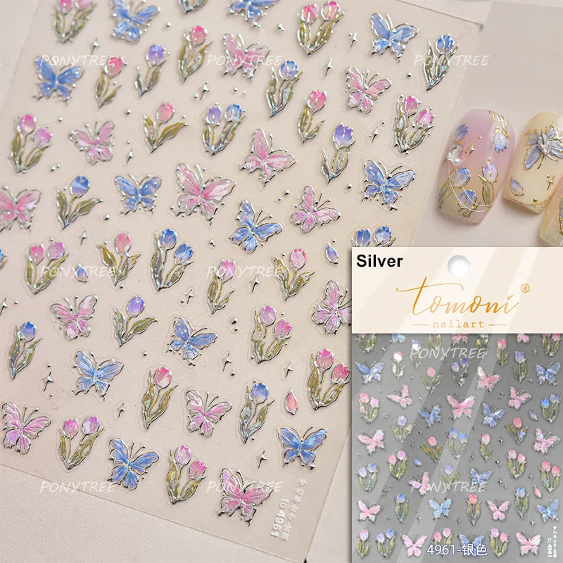 Cute  Pink Blue Nature Tulip Star Heart Butterfly Peach Blossom Jelly Embossed Relief Adhesive Nail Art Stickers Manicure Decals (ONLINE ORDER ONLY)