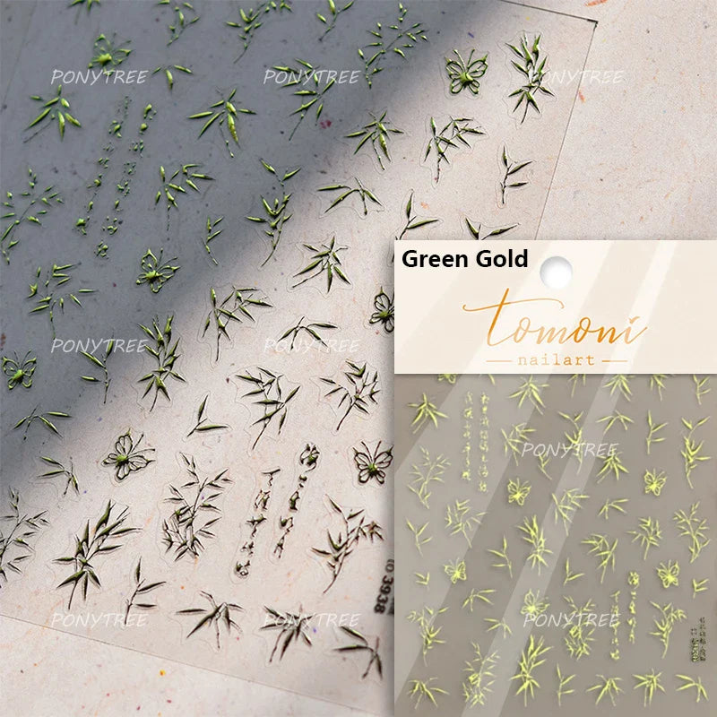 Antique Bamboo Leaf Hot Stamping Plant Botany Calligraphy Characters Self Adhesive Nail Art Stickers Rhinestone Manicure Decals (ONLINE ORDER ONLY)
