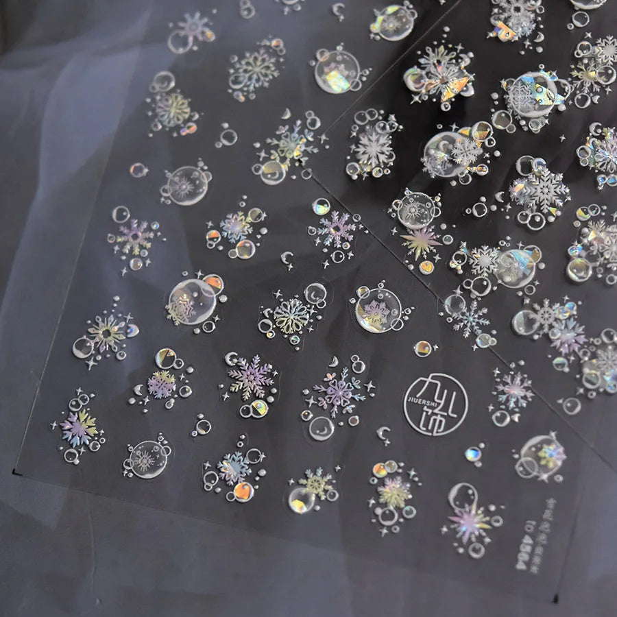 Shiny White Pink Blue Gold Snowflakes Hexagon Water Bubbles Winter 5D Self Adhesive Nail Art Stickers Rhinestone Manicure Decals (ONLINE ORDER ONLY)