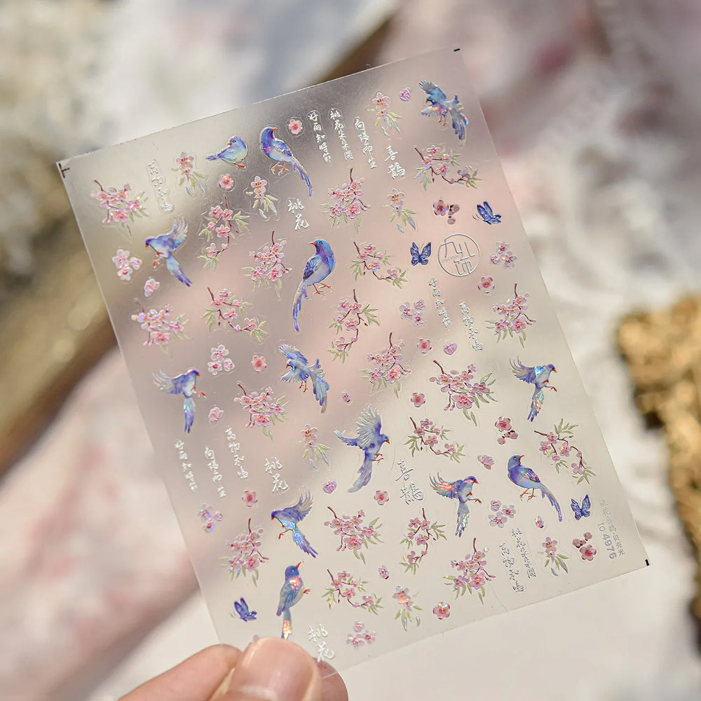 Pink Peach Blossom Blue Magpie Butterfly Bird Wing Tree Branch Animals Plants Shiny 3D Adhesive Nail Art Stickers Manicure Decal (ONLINE ORDER ONLY)