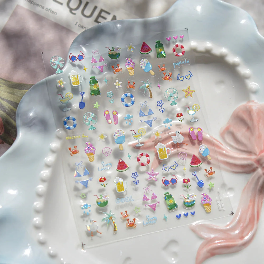 Summer Beach Bikini Watermelon Strawberry Ice Cream Soda Coconut Tree Fan Juice Crab Nail Art Decoration Stickers Manicure Decal (ONLINE ORDER ONLY)