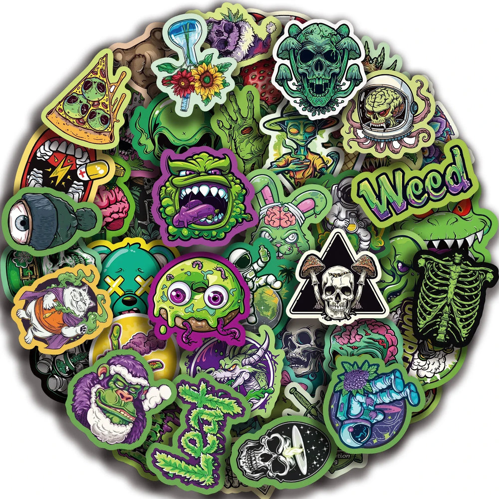 50pcs Green Skull Graffiti Stickers Flower Waterproof DIY For Water Bottle Laptop Phone Skateboard For Adults Teens Sticker﻿ (ONLINE ORDER ONLY)