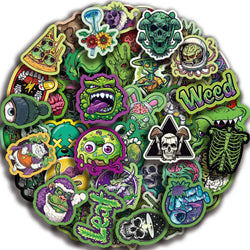 50pcs Green Skull Graffiti Stickers Flower Waterproof DIY For Water Bottle Laptop Phone Skateboard For Adults Teens Sticker﻿ (ONLINE ORDER ONLY)