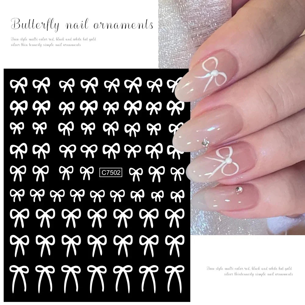 6pcs/Set Lovely Line Bowknot Nail Sticker Gold Silver Black White Pink Red Bow Tie Mini Bowknot 3D Self Adhesive Manicure Decals (ONLINE ORDER ONLY)