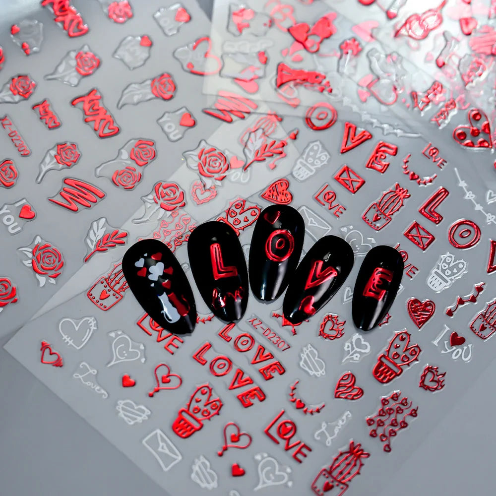 12 Sheets Valentines Nail Stickers Red Heart Nail Art Sticker Decal Solid Hollow Heart 3D Self-Adhesive Design Nail Art Supplies (ONLINE ORDER ONLY)
