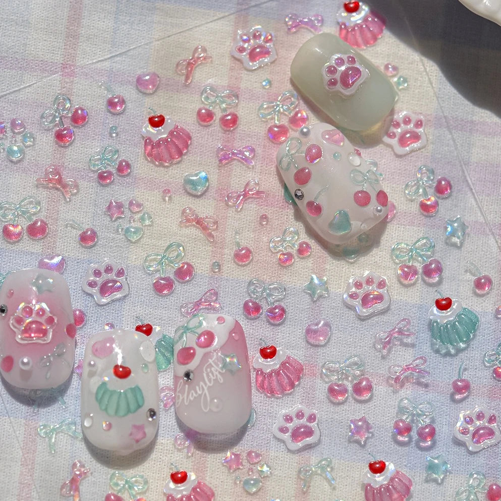 Lovely Green Pink Cherry Pudding Claw Paw Love Heart Bowknot Soft Embossed Reliefs Adhesive Nail Art Stickers Manicure Decals (ONLINE ORDER ONLY)