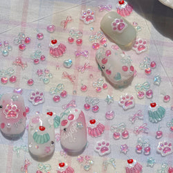 Lovely Green Pink Cherry Pudding Claw Paw Love Heart Bowknot Soft Embossed Reliefs Adhesive Nail Art Stickers Manicure Decals (ONLINE ORDER ONLY)