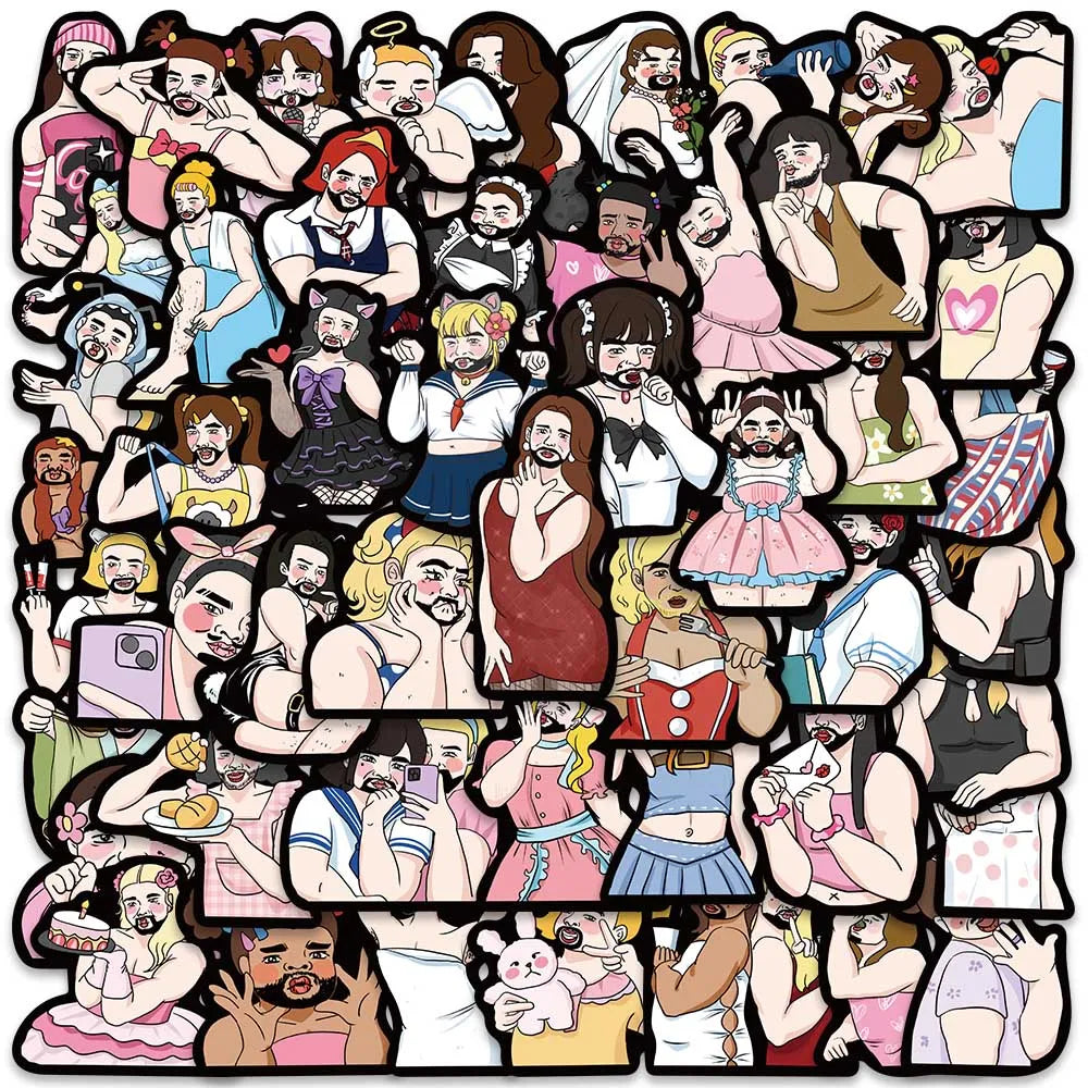 50pcs Funny Bearded Girls Meme Stickers for Luggage, Laptop, Bike, Skateboard - Waterproof Toy Graffiti (Online Order Only)