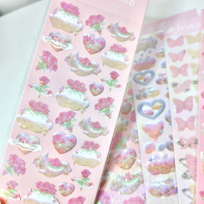 Cute Star Moon Rose Series Laser Stickers Hand Account Idol Card DIY Material Decorative Sticker Personalized Korean Stationery (ONLINE ORDER ONLY)