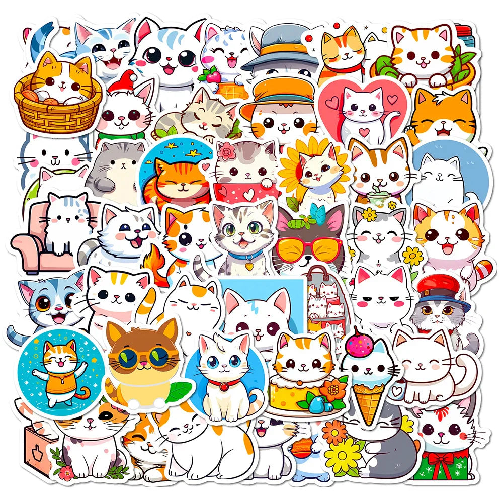 Cute Cartoon Cat Stickers - 10/30/50pcs Waterproof for Kids, Laptop, Notebook, Suitcase, Fridge (Online Order Only)
