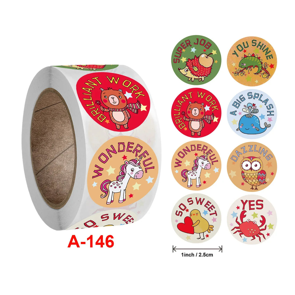 500 Pcs/Roll English Cartoon Animal Stickers Teacher Reward Students Stickers Self-adhesive Stationery Stickers (Online Order Only)