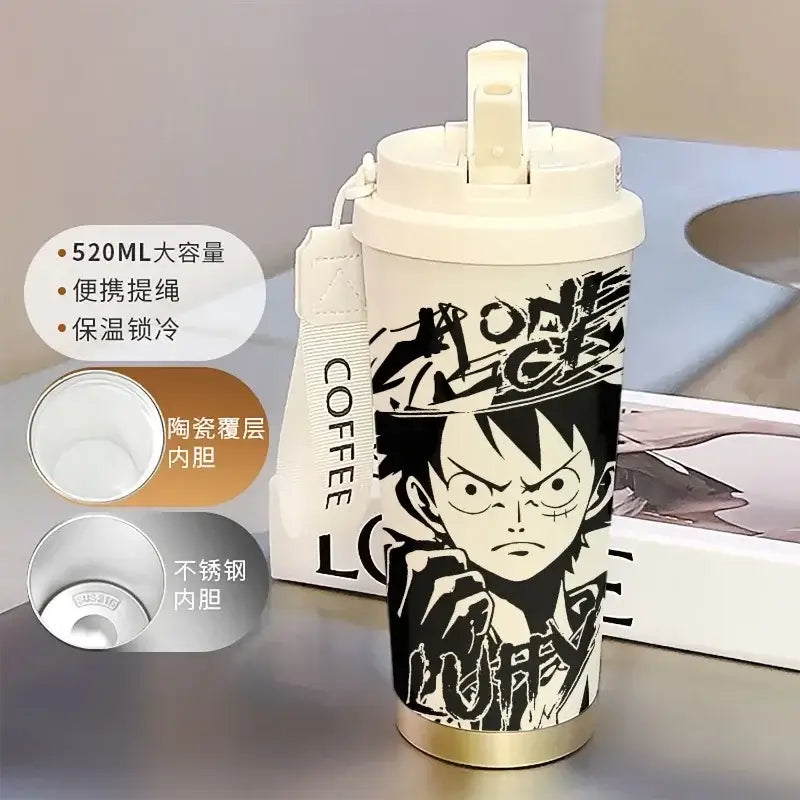 One Piece Thermos Cup: 520ML Luffy & Zoro Anime Straw Mug (ONLINE ORDER ONLY)