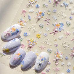 Cute Spring Flowers Purple Blue White Bowknot Rose Garden Daisy 5D Soft Embossed Relief Adhesive Nail Art Sticker Manicure Decal (ONLINE ORDER ONLY)