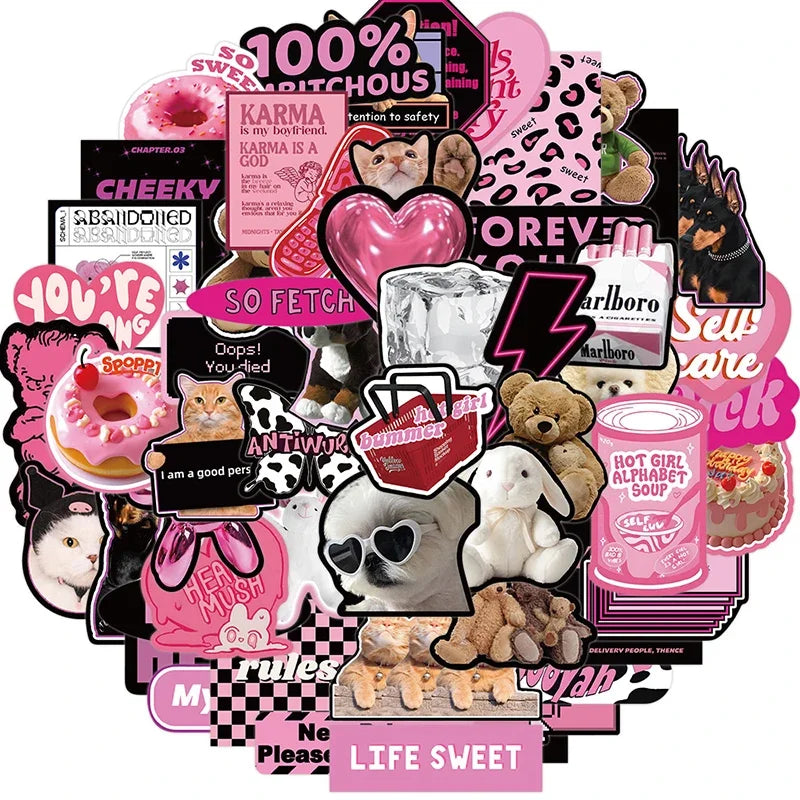 10/30/55PCS Cute Black Pink Word Decoration Scrapbooking PVC Sticker Aesthetic Children's Stationery School Supplies for Kids (Online Order Only)