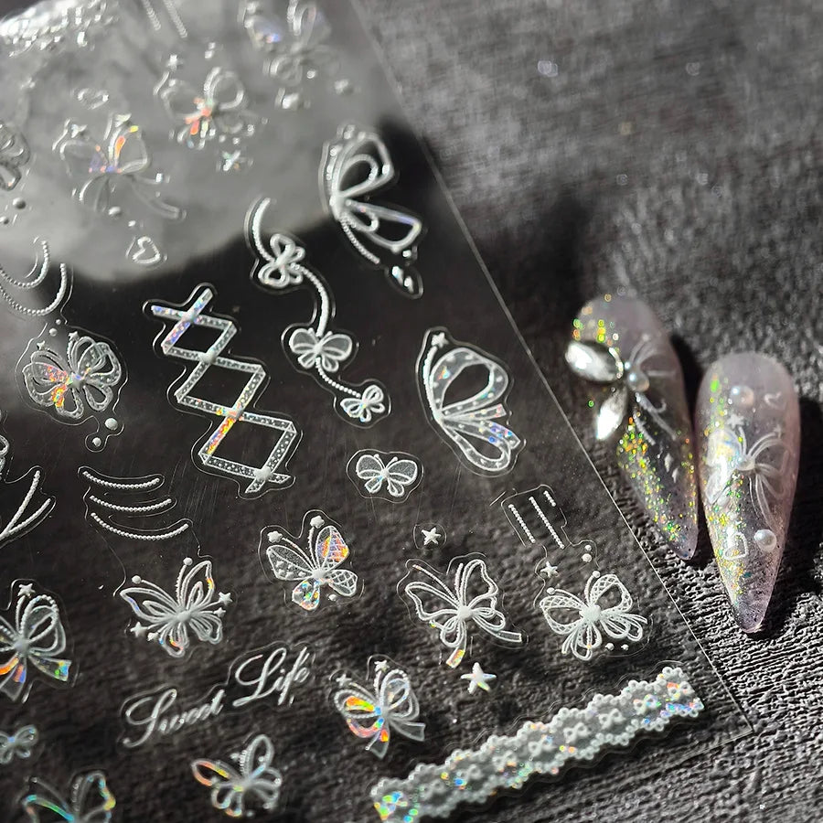 Shiny Butterfly Lace Line Bowknot Silk Ribbon Star Love Heart Fantasy Delicate Chic Adhesive Nail Art Stickers Manicure Decals (Online Order Only)