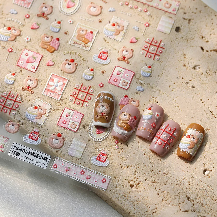 Sweet Dessert Cute Bear Cake Apple Flower Strawberry Jam Lace Line Bear Footprints Adhesive Nail Art Stickers Manicure Decals (ONLINE ORDER ONLY)